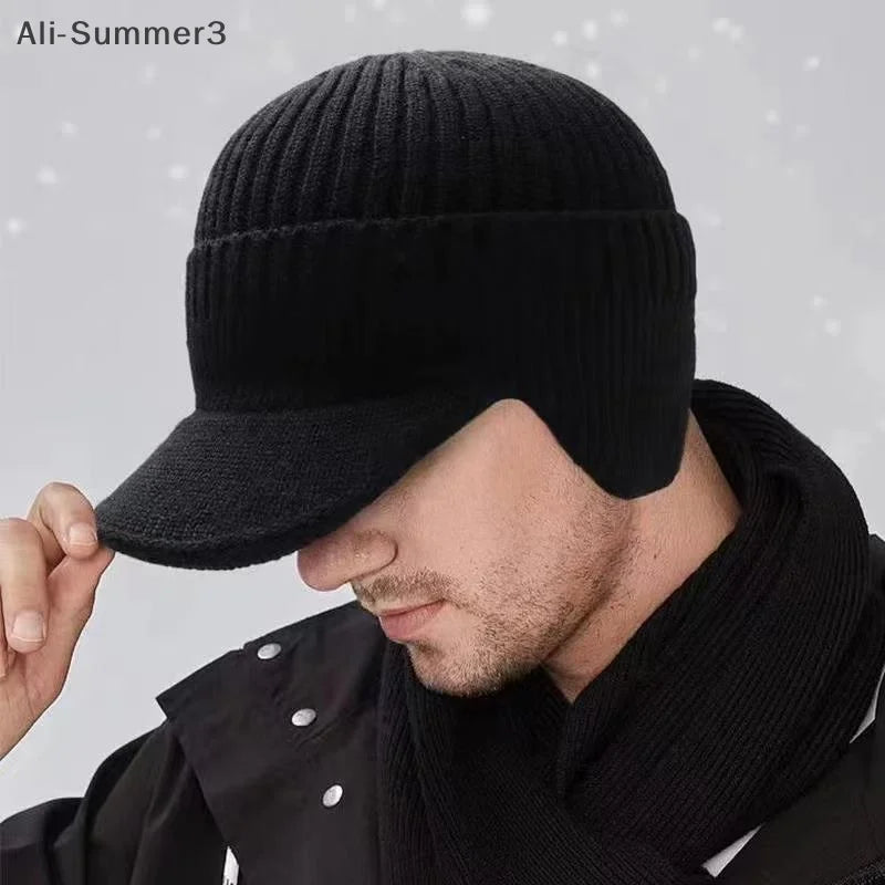 Winter Warm Knitted Beanie with Brim and Ear Flap Warm Fleece Lined Beret Cap for Men for Outdoor Cycling Warm Daily Commuting